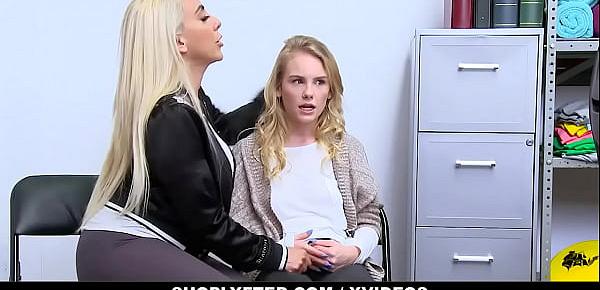  Blonde young stepdaughter Natalie Knight and big tits stepmom Kylie Kingston caught shoplifting and banged by officer